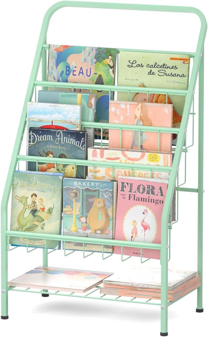 JAQ Bookshelf for Toddlers, 4-Tier Metal Kids Bookshelves Rack with Toy Storage Organizer in Bedroom Study Room Playrooms Nursery for Infants Baby Young Children (4-Tier/ 28.3 inch, Green)