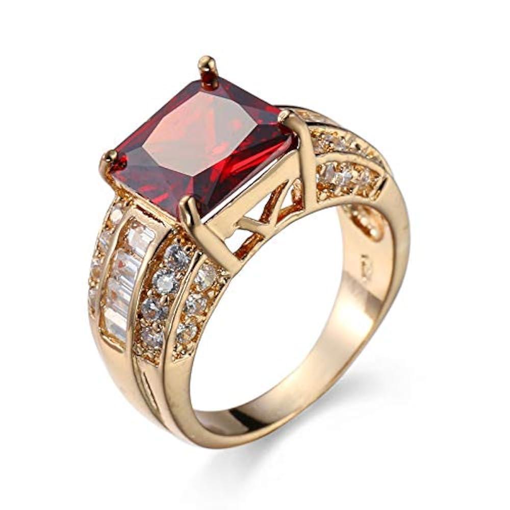 18K Yellow Gold Plated Silver Red Created Ruby Halo Ring For Women Fashion Cushion Cut Luxury Engagement Wedding CZ Ring Birthday Jewelry Gifts US Code 7
