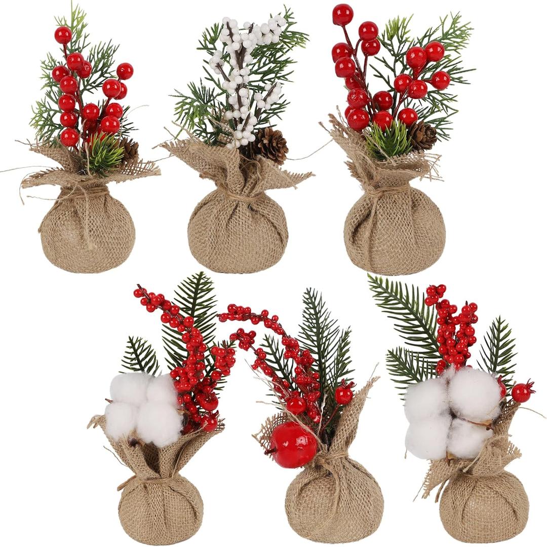 winemana 5 Pcs Mini Christmas Tree Table Decorations, 8" Small Artificial Trees with Red Berries Pine Cone Greenery Tabletop Centerpiece for Home Office Room Holiday Decorations