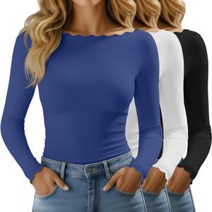 Huukeay 3 Pack Women's Long Sleeve Tops Lettuce Trim Boat Neck Shirts Slim Fit Casual Basic Fitted Tees S
