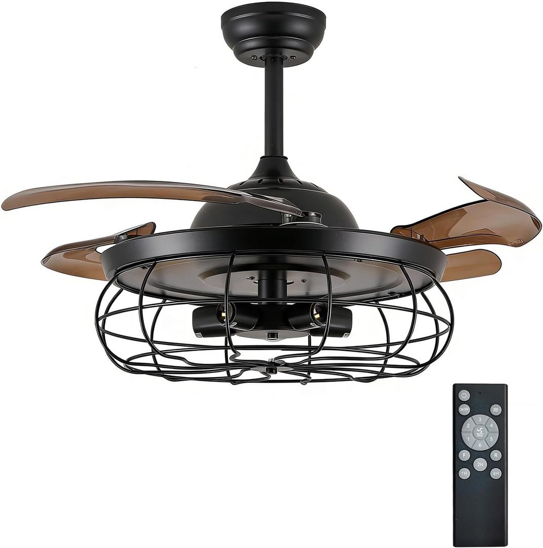 DuMaiWay 48" Retractable Ceiling Fans, Fandelier Industrial Caged Ceiling Fan with Remote Controller Vintage Style for Farmhouse/Living Room/Bedroom/Restaurant 5 Lights 4 Fan Blades