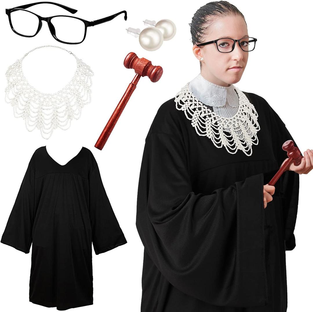 Sumind 5 Pieces Halloween Party Judge Robe Cosplay Costume Accessory Includes Pearl Earring Wooden Courtroom Gavel Pearls Beads Necklace Glasses for Women Men Halloween Judge Cosplay