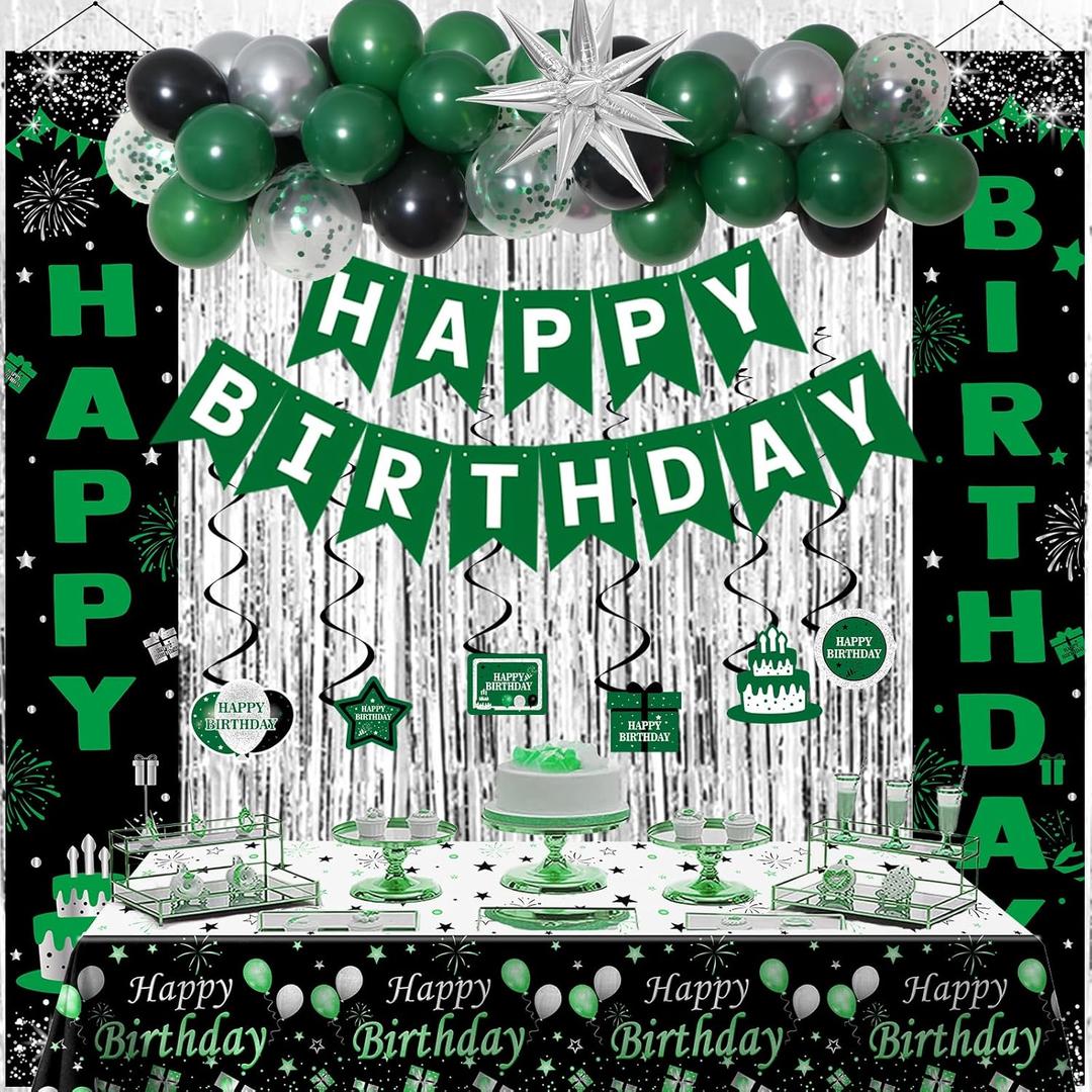 Green Birthday Decorations for Men Boys, Green and Black Party Decorations Happy Birthday Decoration, Happy Bday Banner Balloons Tablecover Fringe Curtain Door Banner, Mens Boy Bday Party Decor