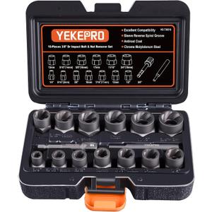 15 PCS Bolt Extractor Set, 3/8" Drive Impact Bolt & Nut Remover Socket Tool Kit, Stripped For Damaged, Frozen, Studs, Rusted, Rounded-Off Bolts, Nuts & Screws, Cr-Mo Steel, T38215