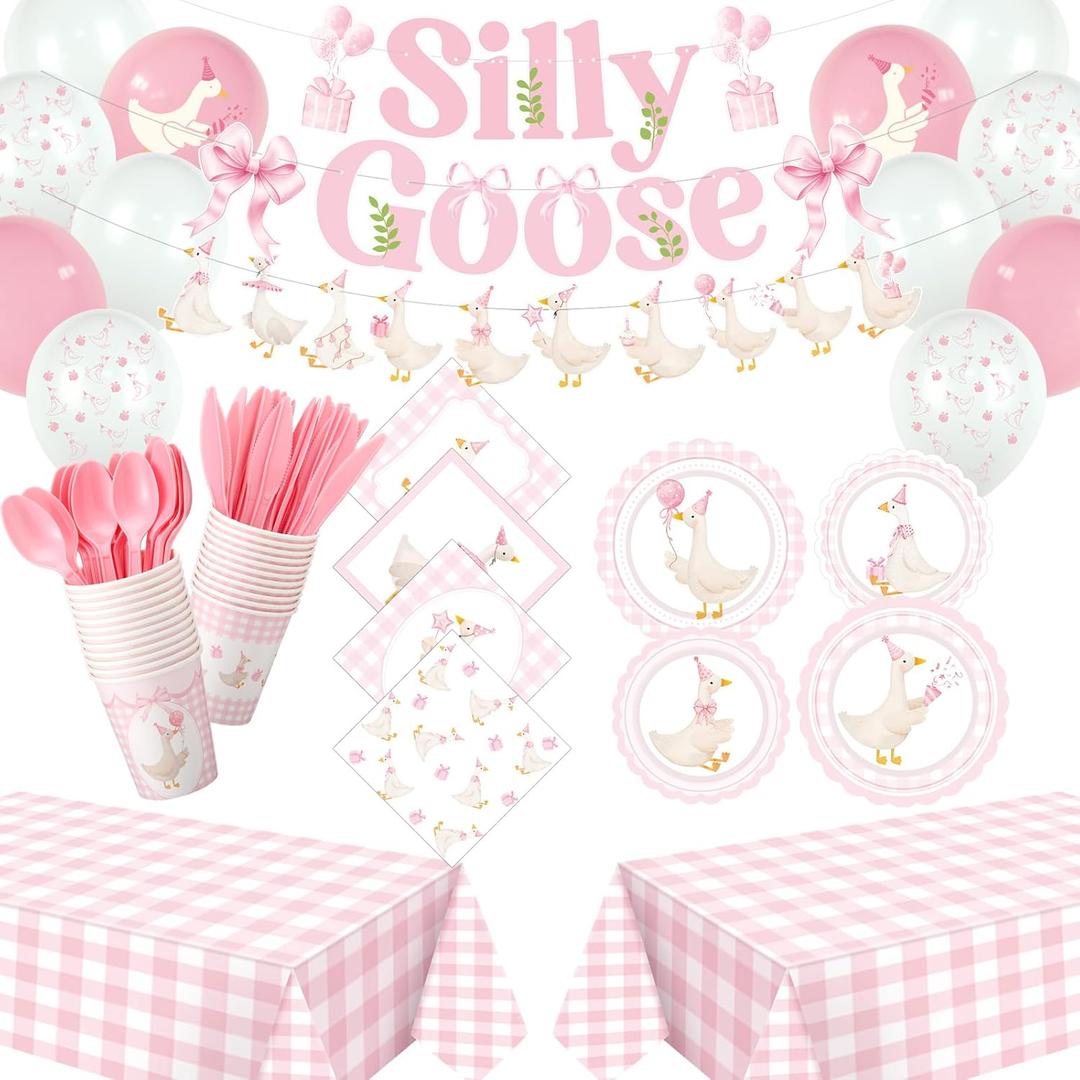 183pcs One Silly Goose Birthday Party Tableware Set Silly Goose Party Supplies for 24 Guests Tableware Includes Plates Napkins Cups Banner Gingham Tablecloth Balloons(Pink,Classical)