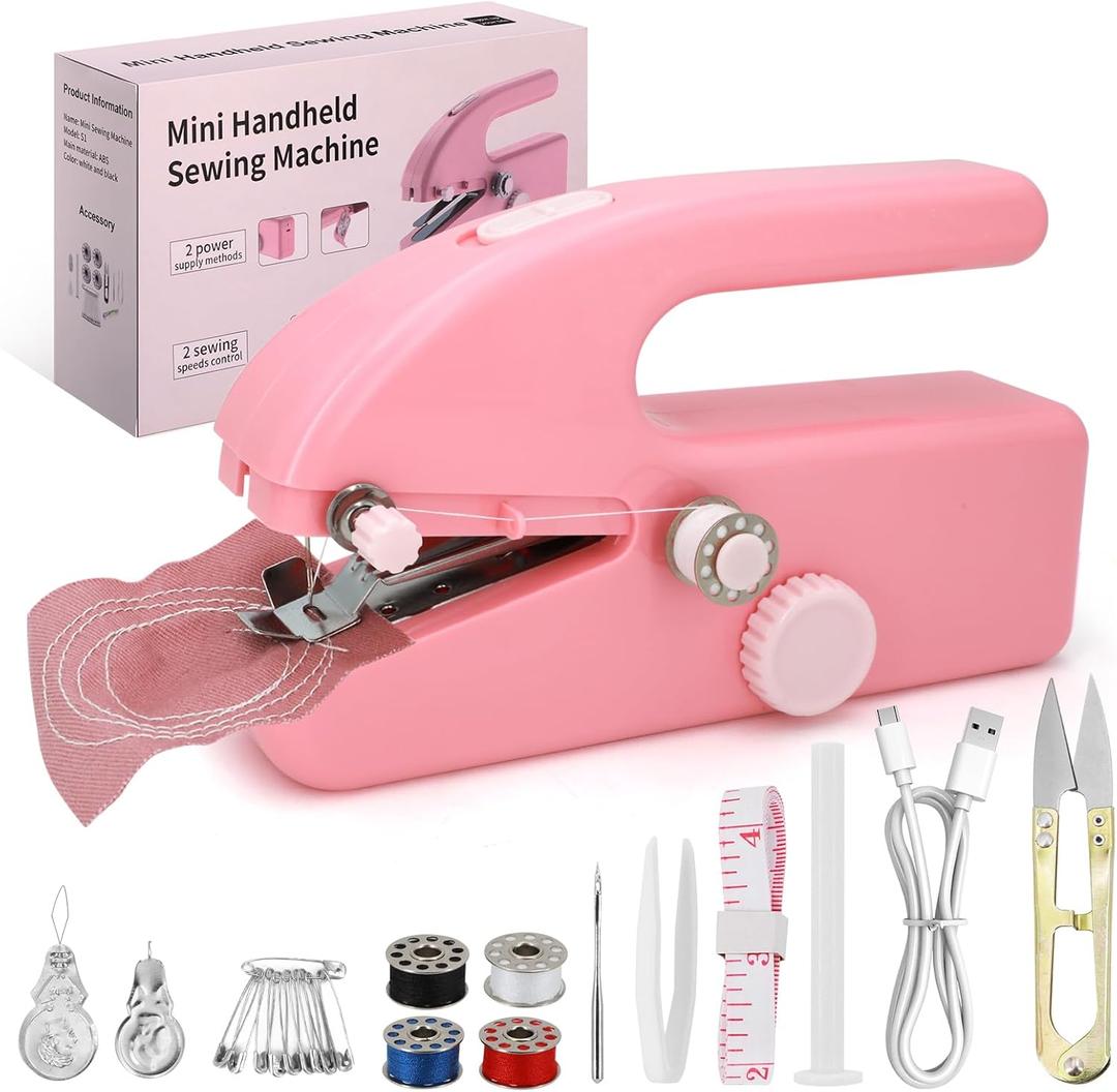 Handheld Sewing Machine for Beginners, Portable Mini Sewing Machine with Two Speed Modes, Easy to Operate and Fast Stitch Suitable for Clothes, Fabrics and Quick Home Repairs (Pink)