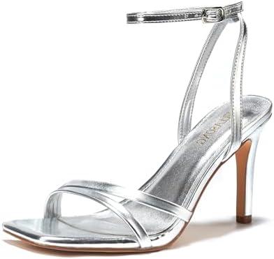 LULLASONG Women's Heels Strappy Ankle Strap High Heels 3.5 Inch Heeled Square Open Toe Sandals for Women, Size 7