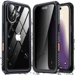 ANTSHARE for iPhone 16 Case Waterproof, [Anti Spy] Privacy Screen Protector for iPhone 16, [IP68 Under Water] Heavy Duty Full-Body Shockproof Phone Case, Black