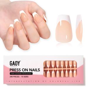 GAOY French Gel Nail Tips, 240Pcs Press on Nails Clear Natural Nude Short Coffin, Pre-applied Primer and Base Coat Cover, 15 Sizes Pre-filed Fake Tips for Extension