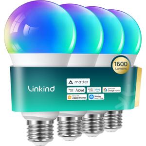 Linkind Matter Smart Light Bulb,1600LM 100W Smart Bulbs Work with Alexa/Apple Home/Google Home/SmartThings, RGBTW LED Color Changing Bulbs Music Sync, 2.4GHz Wi-Fi Light Bulbs LED 11W, A21 E26, 4Pack