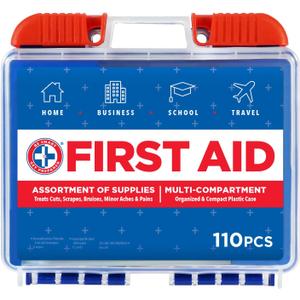 Be Smart Get Prepared 110 pc First Aid Kit: Clean, Treat, Protect Minor Cuts, Home, Office, Car, School, Business, Travel, Emergency, Outdoor, Camping & Sports, FSA/ HSA