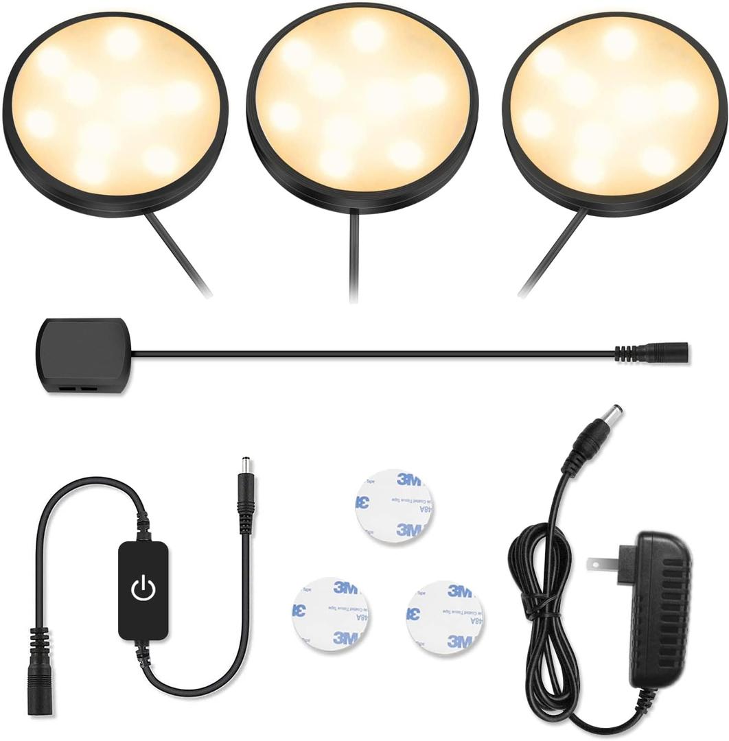 YGS-Tech LED Puck Lights, Under Cabinet Lighting Black Trim, 3000K Warm White, CRI90+, Touch Dimming, All Accessories Included, Under Counter Lighting for Kitchen, Closet Lights, Safe Light, 3-Pack