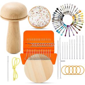 Jexine Mini Darning Mushroom for Socks 14 Hooks Small Speedweve Style Weaving Darning Loom with 9 Pcs Large Eye Needles 50 Colors Thread for Handcraft DIY Weaving Repair Tool(Bright Color)