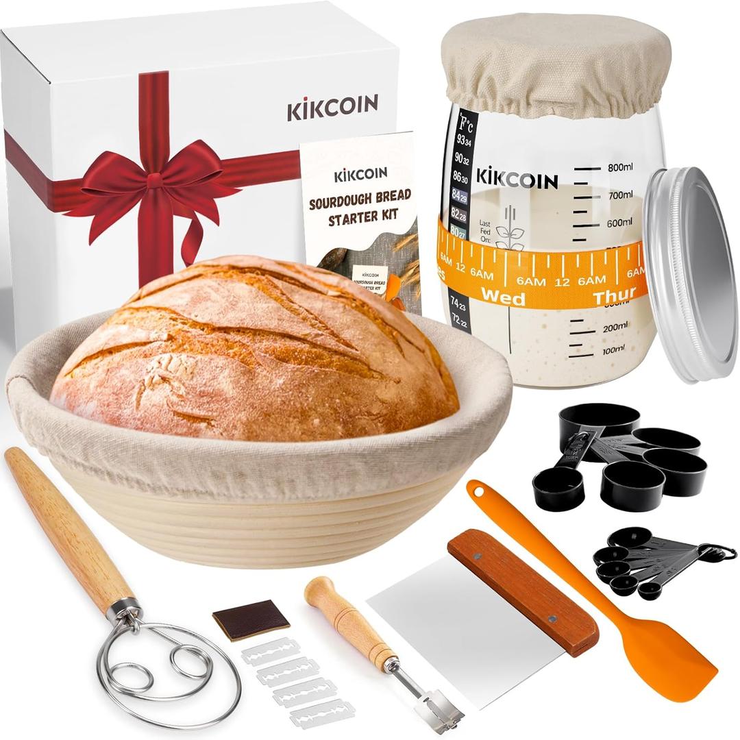 Complete Sourdough Starter Kit, Kikcoin 26PCS Banneton Bread Proofing Basket Set Includes 35oz Sourdough Starter Jar, Sourdough Bread Baking Supplies with Bread Lame, Danish Whisk, Dough Scraper (10" Round Basket & Sourdough Jar)