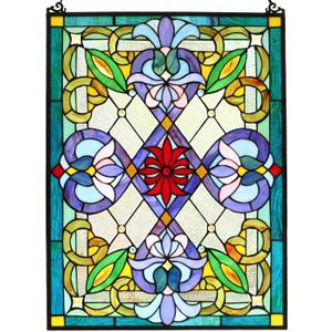 Bieye W10028 Victorian Tiffany Style Stained Glass Window Panel with Chain, Rectangular Shape, 18" W x 25" H