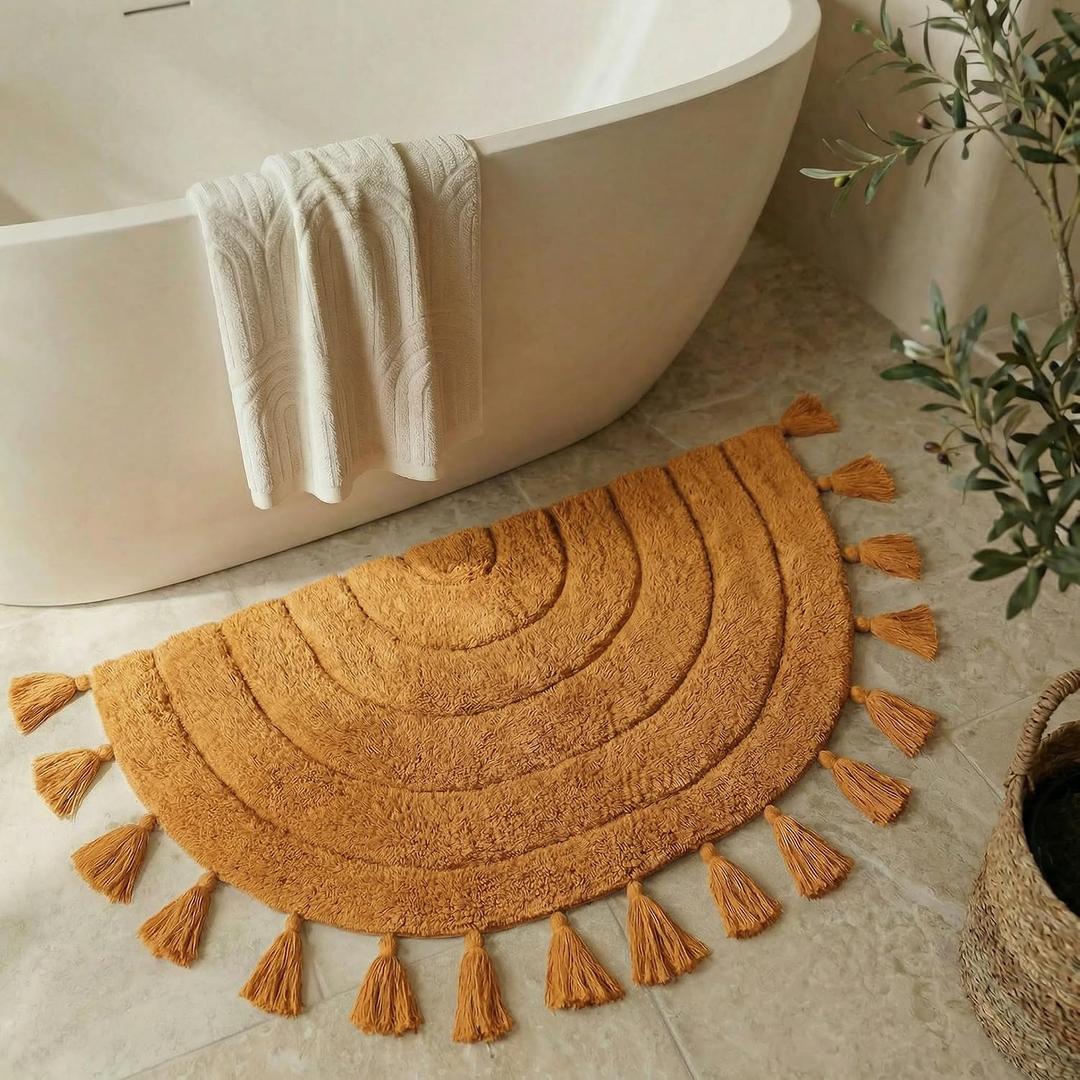 Beautiful Boho Rug with Tassels for Your Bathroom - Soft Half Circle 100% Cotton Mat Fits Perfectly Into Your Home - A Cute, Non-Slip and Absorbent Crochet Rug Ideal to Enhance Any Bath/Bedroom Decor