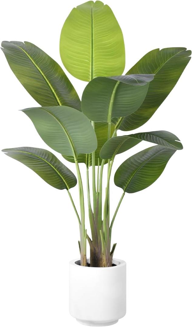 Artificial Bird of Paradise Plant 4Ft Tall Fake Tropical Palm Tree Large Fake Plants with 9 Silk Banana Leaves Faux Plant Indoor Decor Trees with White Pot for Home Bedroom Living Room Office