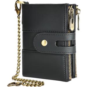 NIUCUNZH Genuine Leather Soft Bifold Rfid Wallets for Men Coin Purse Keychain Snap Zip Wallet with Chain (Black)