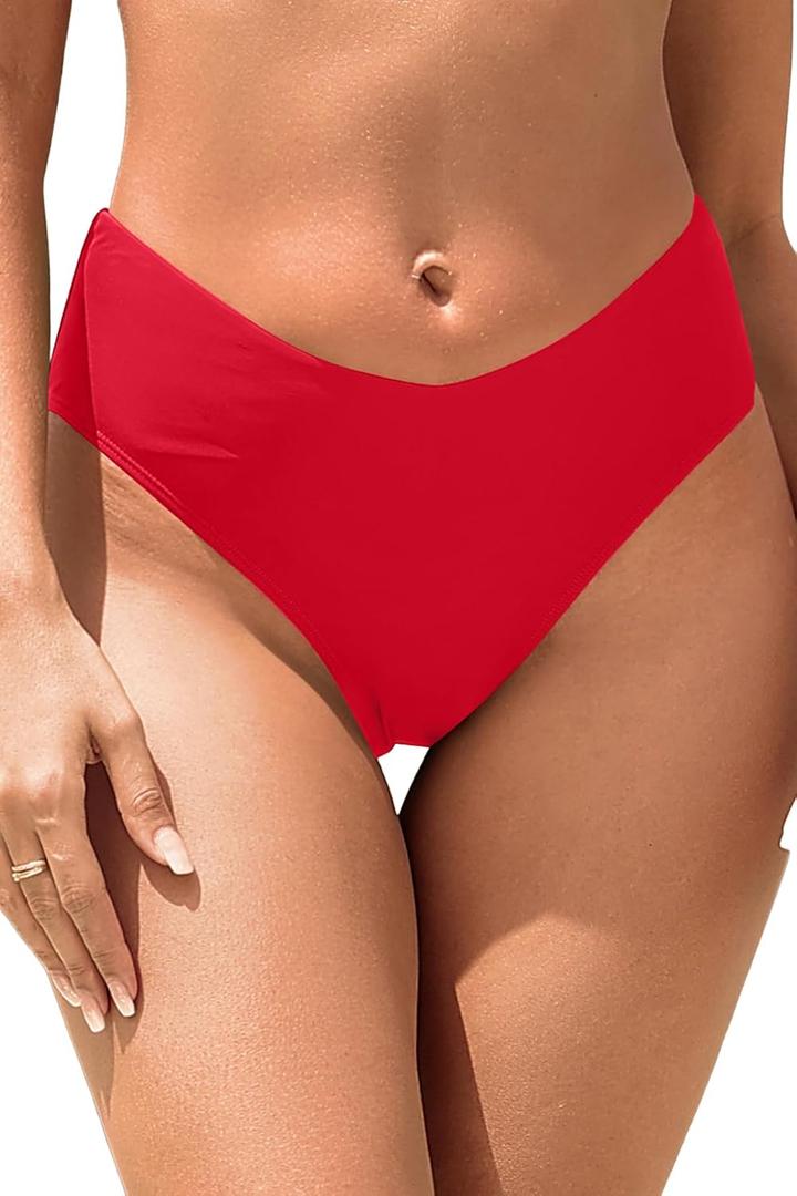 Women V Cut Cheeky Bikini Bottoms - Mid Waist High Cut Swim Bathing Suit Bottoms V Front Swimsuit Red M