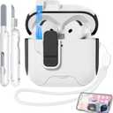 for AirPods 4 CaseBuilt in Phone Stand Secure Lock Case Compatible with Apple Airpods 4th Generation 2024, Drop-Proof Hard Case Cover with Cleaner and Keychain for Women Girly (Black+White)