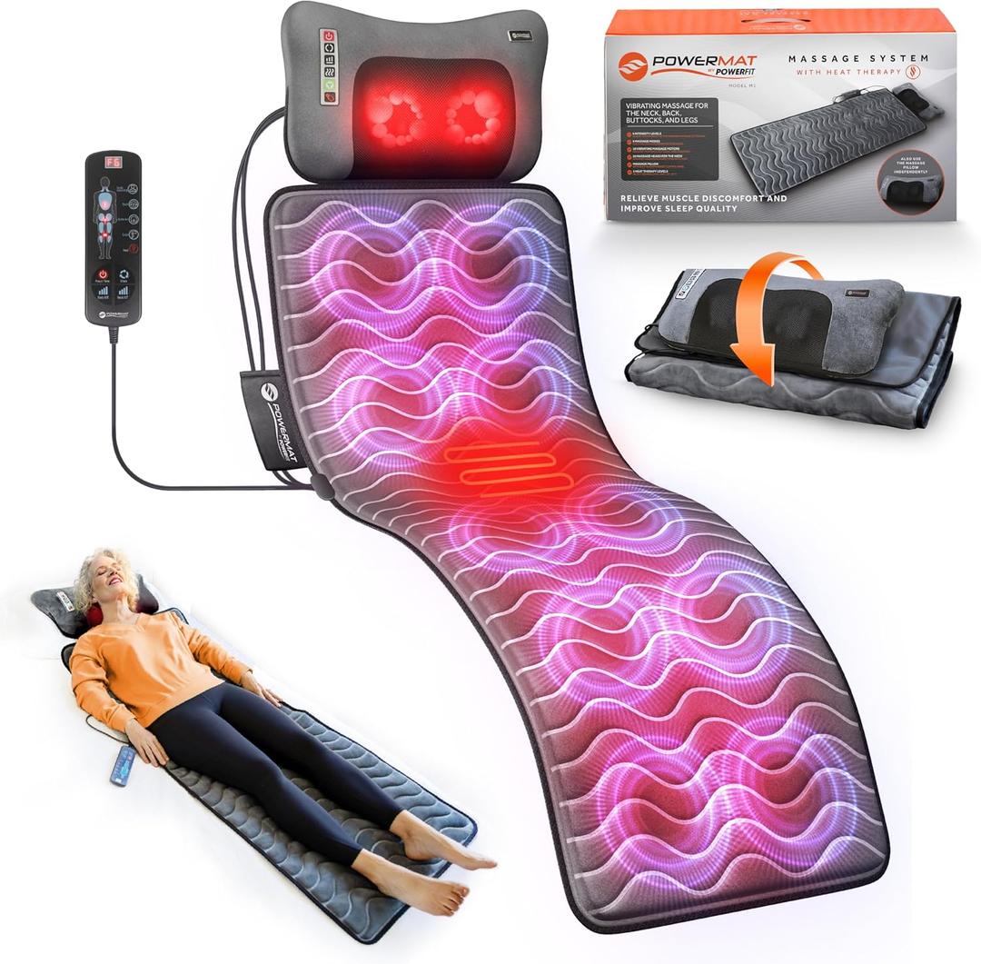 Powermat Full Body Massage Mat with Heat - Shiatsu Back Massager Pad for Bed, Chair & Recliner - Electric Vibrating Heating Pad - Whole Body Massager Mat for Pain Relief - Massage Mattress by Powerfit