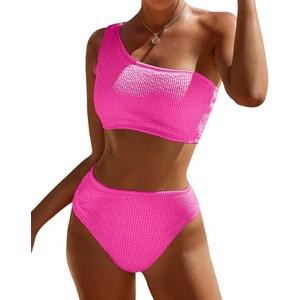 Pfreesea Bikini Sets for Women High Waisted 2 Piece Bestselling Swimsuit Ribbed One Shoulder Tummy Control Bathing Suit 2025, Pink, S