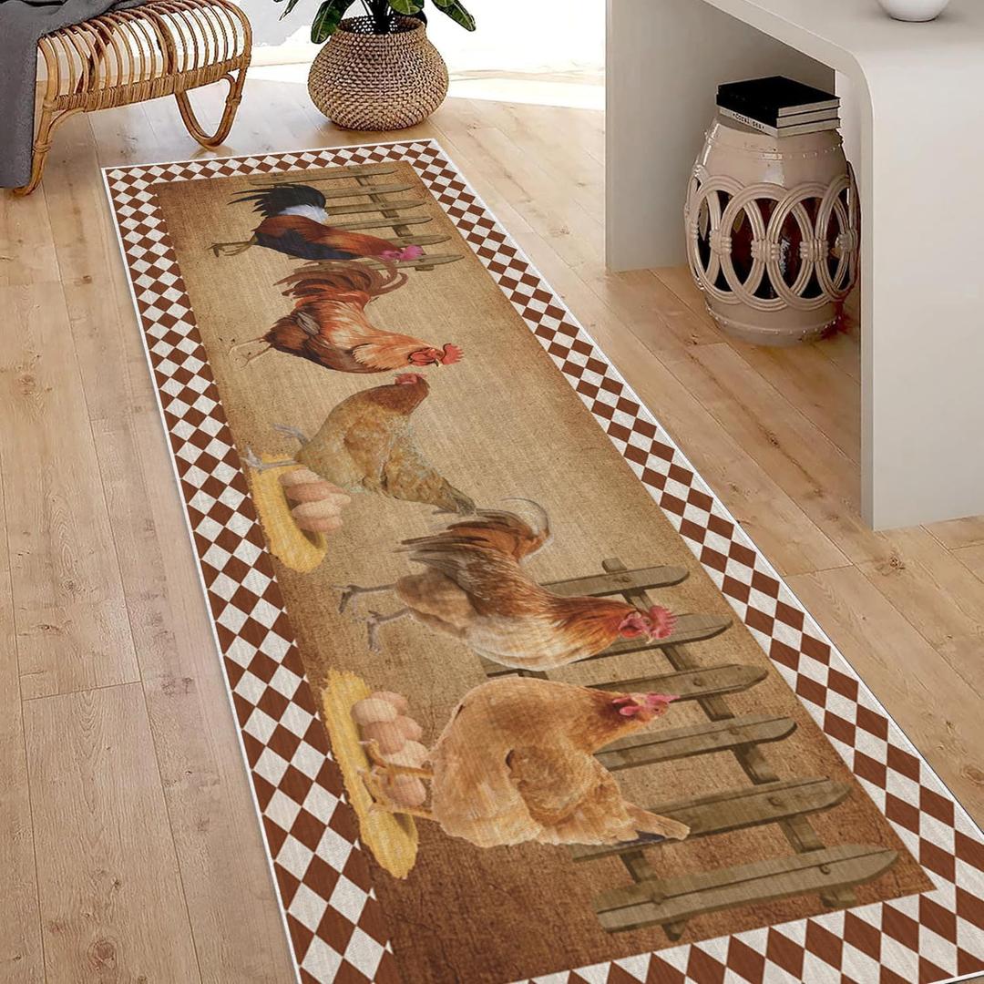Vintage Chick Runner Rug for Hallways 2.7x8ft,Farmhouse Brown Hen Red Rooster Washable Rugs,Farm Animal Non Slip Kitchen Kitchen Mats for Floor,Rustic Stain Resistant Carpet Runner for Bedrooms (5)