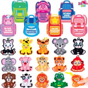 JOYIN 28 Packs Valentine's Day Cards with Animal Pop Bubble Keychain Toys, Mini Pop Squeeze Toys, Stress Anxiety Relief Fidget Toy with Cards for Kids Classroom Exchange, Game Prizes Party Favors