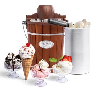 Nostalgia Electric Ice Cream Maker - Old Fashioned Soft Serve Ice Cream Machine Makes Frozen Yogurt or Gelato in Minutes - Fun Kitchen Appliance - Vintage Wooden Style - Dark Wood - 6 Quart (6 Qt)