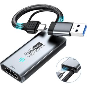 Papeaso USB 3.0 Video Capture Card, HDMI to USB-A/C Capture Card with pd, 1440P 30fps & 1080P 60fps Video Capture, for Streaming, Teaching,Gaming, Video conferencing or Live Broadcasting