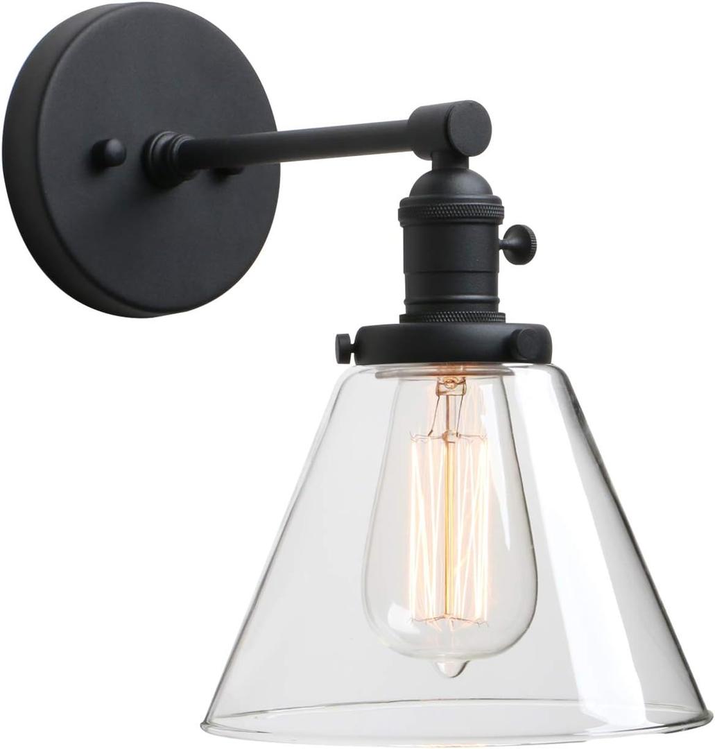 Phansthy Black Industrial Wall Sconce Light Single Light Wall Lamp with 7.3 Inches Cone Canopy for Bathroom Kitchen Restaurant (Black)