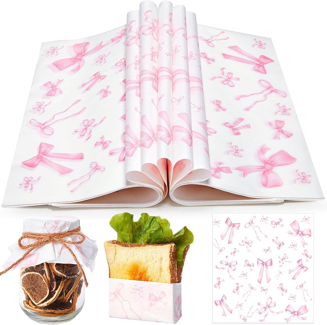 Marspark 100 Sheet Pink Bow Wax Paper Coquette Ribbon Bowknot Wrapping 11.4 x 11 Inches Lovely Pink Tissue Paper for Sandwich Burgers Greaseproof Wrapping for Picnic Birthday Wedding Party Packing