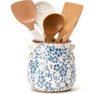Utensil Holder for Kitchen Counter, Modern Farmhouse Rustic Cooking Utensil Holder and Crock, Exquisite Chinoiserie Floral Ceramic Utensil Organizer for Home Kitchen Decor- Blue and White Porcelain