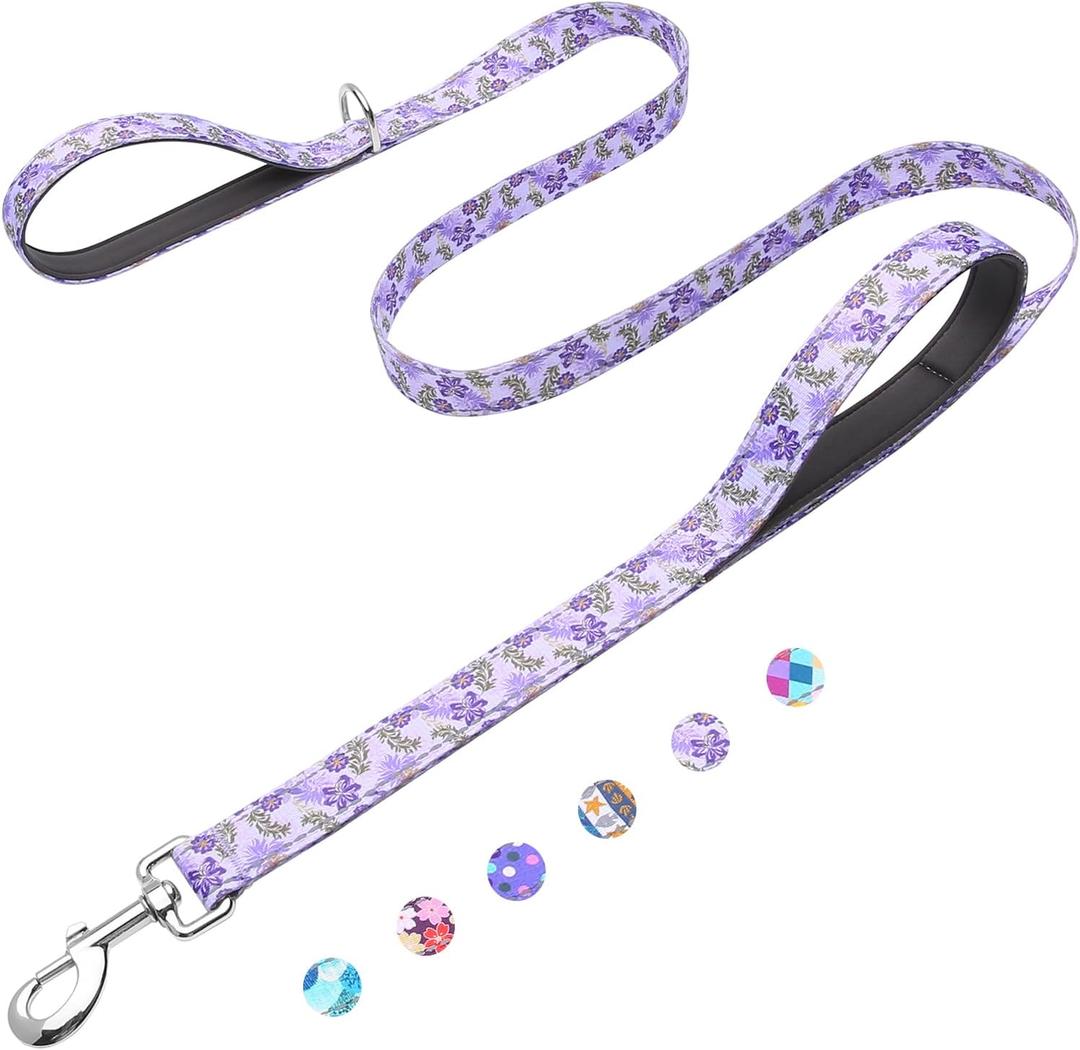 4 Foot Dog Leash for Medium Large Dogs, Heavy Duty Blue Dog Leash with 2 Padded Handles, Walking Training Lead for Dogs, Lavender Floral