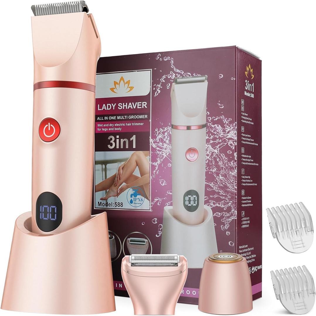 Bikini Trimmer for Women, 3 in 1 Electric Razors for Women, Waterproof Pubic Hair Trimmer and Facial Hair Remover, Rechargeable Electric Shaver for Underarm Leg Arm Body with LED Display, Pink