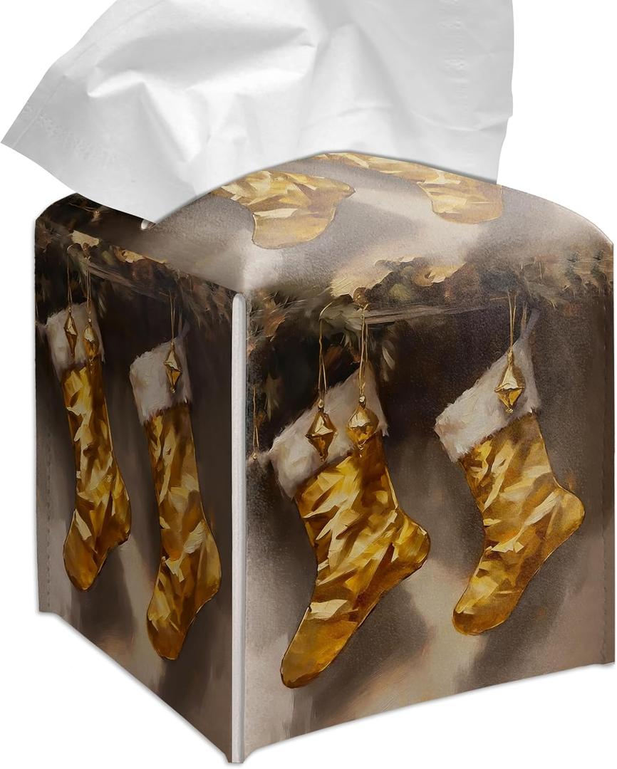Grace Yonks Christmas Tissue Box Cover Square, Golden Stockings Hanging Design Cube Case for Facial Tissues, 5.2" PU Leather. (098)