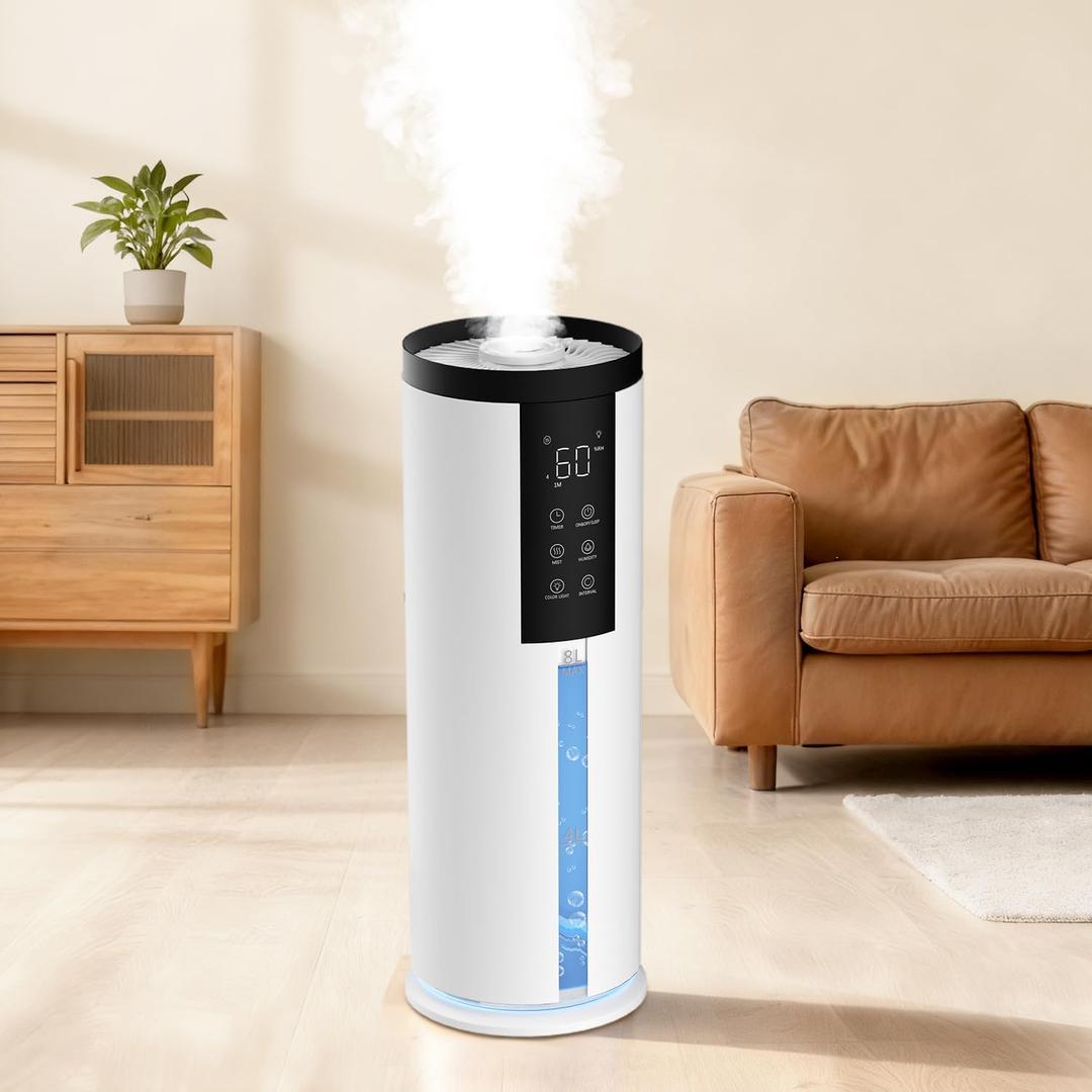 Humidifiers for Large Room 550 ft - GloryAir 8L Cool Mist Humidifier for Bedroom Home Plants Baby, Top Fill, 120H Runtime, 4 Mist Spray Levels, 7-Color Light, 35dB Quiet Humidifier (White)