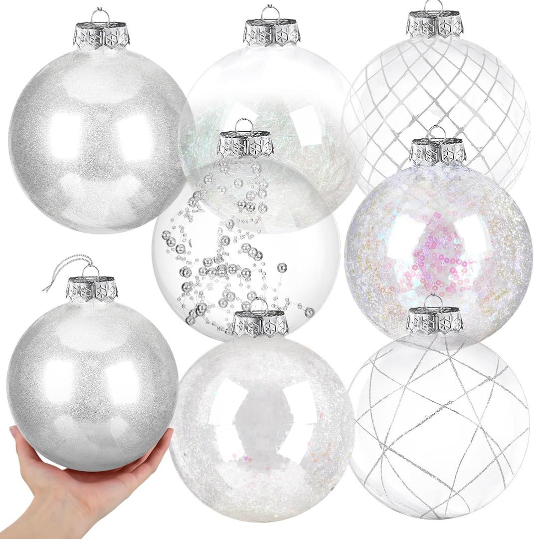 Wettarn Set of 8 Transparent Large Christmas Ball Ornaments 6 Inch Glitter Hanging Plastic Balls Christmas Tree Decorations for Lawn Yard Garden Party with Exquisite Filling Decoration(Silver White)
