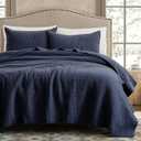 WDCOZY 100% Cotton King Size Quilt Set - Navy Blue Striped Pick Stitch Soft Lightweight Bedspread, Textured Like Linen, Farmhouse Country Rustic Coverlet, Shabby Chic Gauze Bedding, 3 Pieces (King (106"x96"))