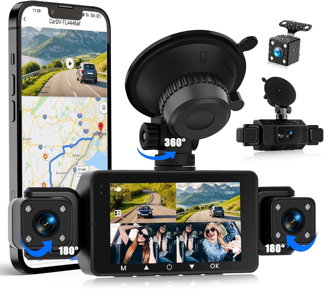 4 Channel 360 Dash Cam Front and Rear Inside,Dash Camera for Cars Built-in WiFi APP Control Night Vision G-Sensor 24H Parking Mode Loop Recording 1080P 3 Inch Dash Camera
