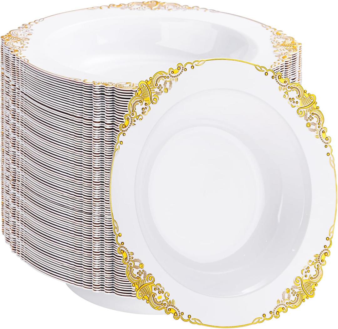 100PCS Gold Plastic Bowls - 12 oz White Disposable Salad Bowls - Heavy Duty Soup Serving Bowl - Fancy Plastic Ice Cream Bowl for Weddings, Parties, Dinners, Catering, Picnics