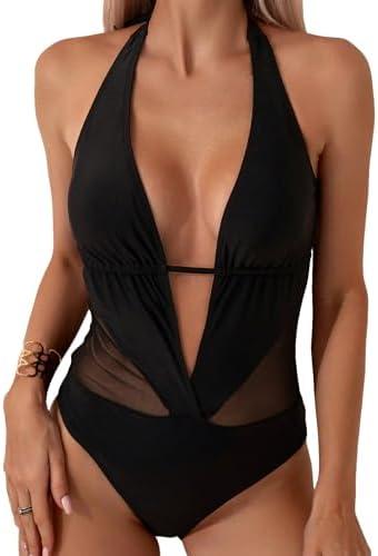 SOLY HUX Women's One Piece Swimsuits Deep V Neck Halter Mesh Monokini Bathing Suits Beachwear Medium