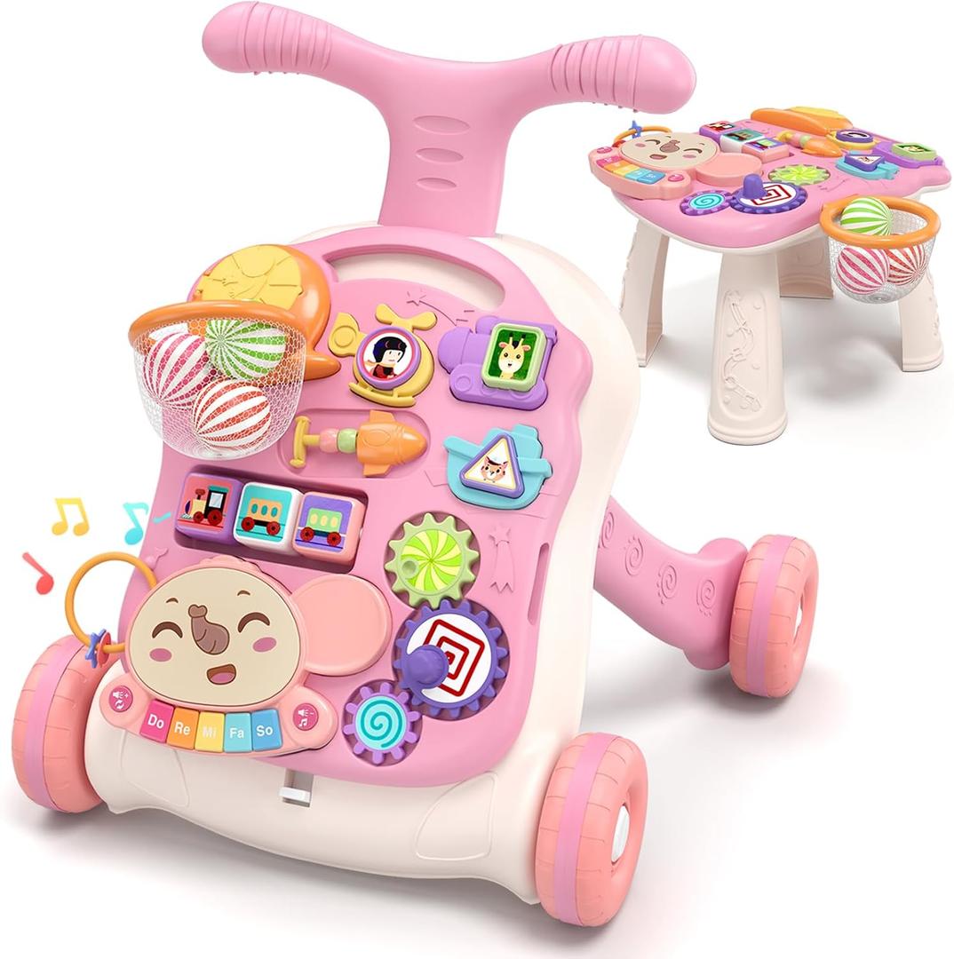 QDRAGON 3 in 1 Baby Walker and Activity Center for Girl, Learning to Walk, Sit to Stand, Early Educational Push Toys with Music Panel for Infant Toddler 12+ Months Pink