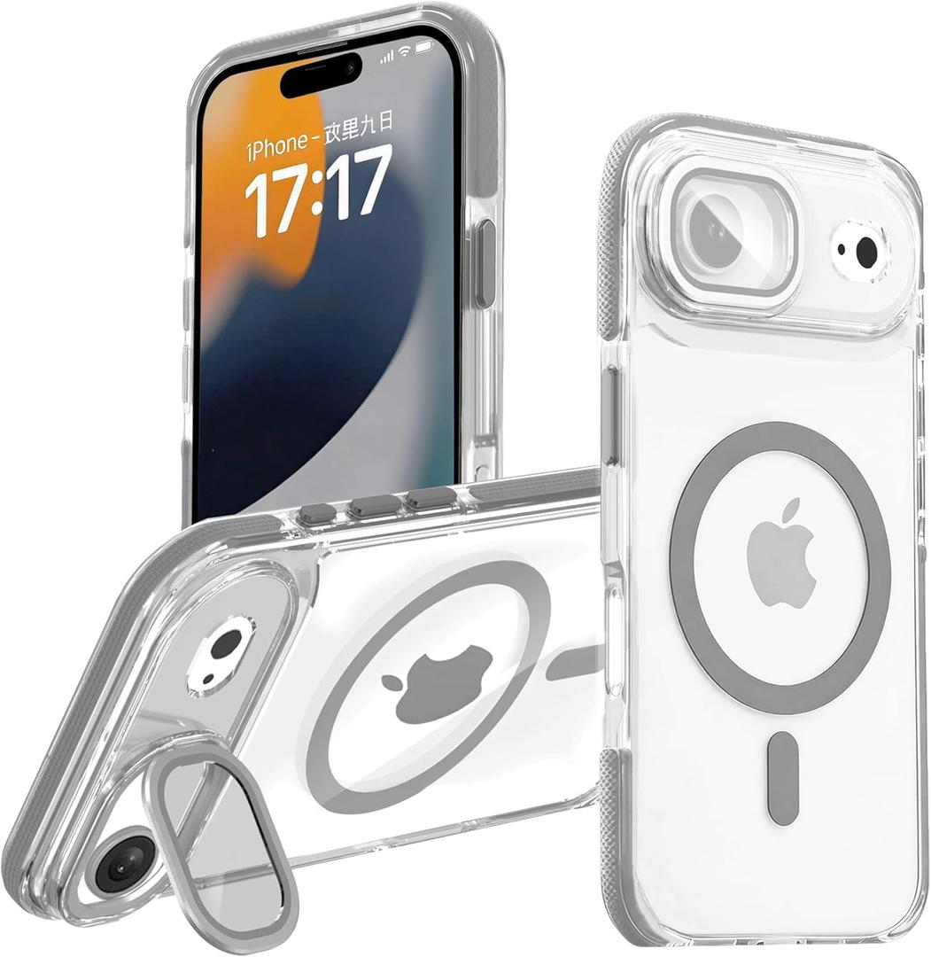for iPhone 17 Air Magnetic Clear Case, MagSafe Compatible, Kickstand & Lens Protection, Soft Shockproof Bumper, Non-Yellowing Cover with Wrist Lanyard