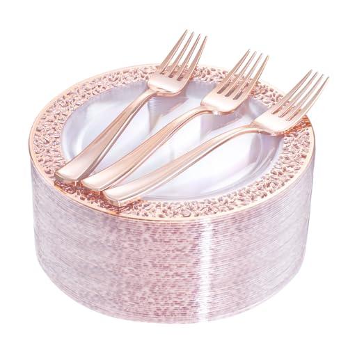I00000 72 Pcs Rose Gold Dessert Plates 7.5" & 72 Pcs Disposable Forks 7.4", Lace Design Plastic Salad Plate, Plastic Appetizer Plate for all Holidays Perfect for Party & Wedding