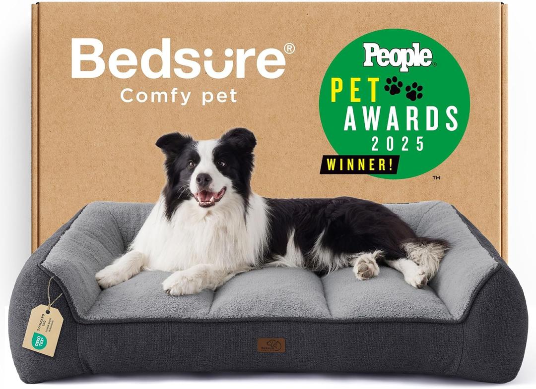 Bedsure SupportMax Orthopedic Dog Beds Large Sized Dog - Extra Thick Supportive Large Dogs Bed with Waterproof Washable Cover, L Plus Comfort Pet Sofa with Soft Sherpa and Nonskid Bottom, Grey, 38"