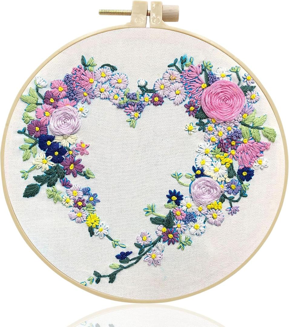 Maydear Embroidery Kit for Beginners Patterns Punch Needle Kit,Cross Stitch Kits,French Stamped Embroidery Starter Kit Adults Including Embroidery Hoop Color Threads and Embroidery Scissors (Flower series 16)