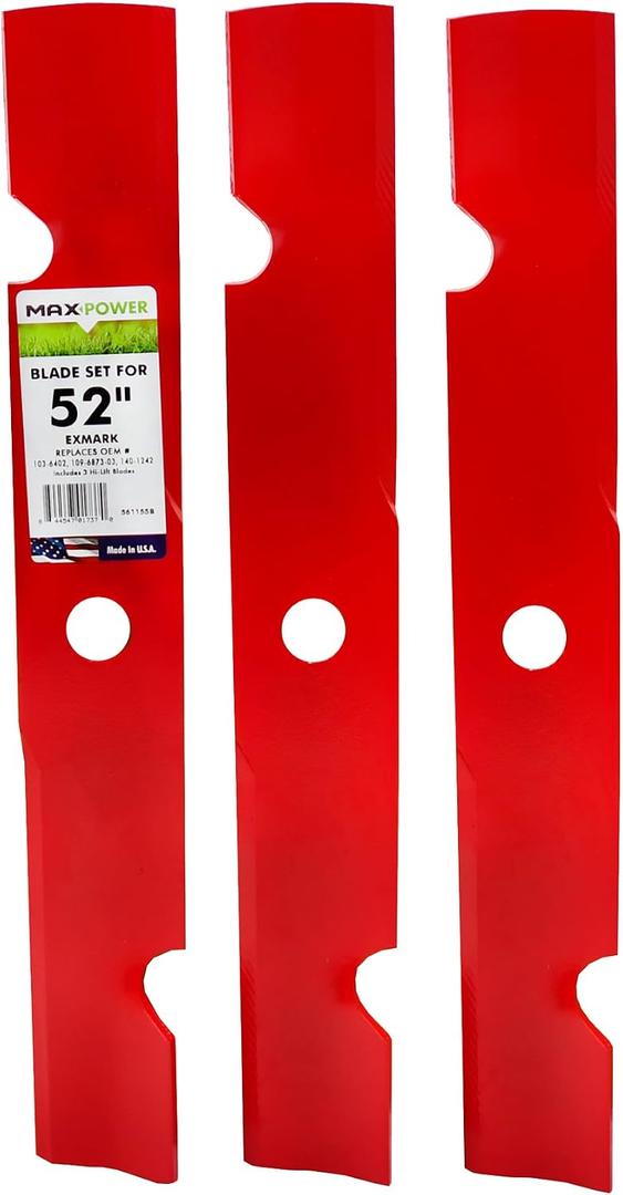 MaxPower 561155B 3 Hi-Lift Blade Set for 52" ExMark and Toro Mowers, Replaces OEM Numbers 109-6873-03, 140-1242