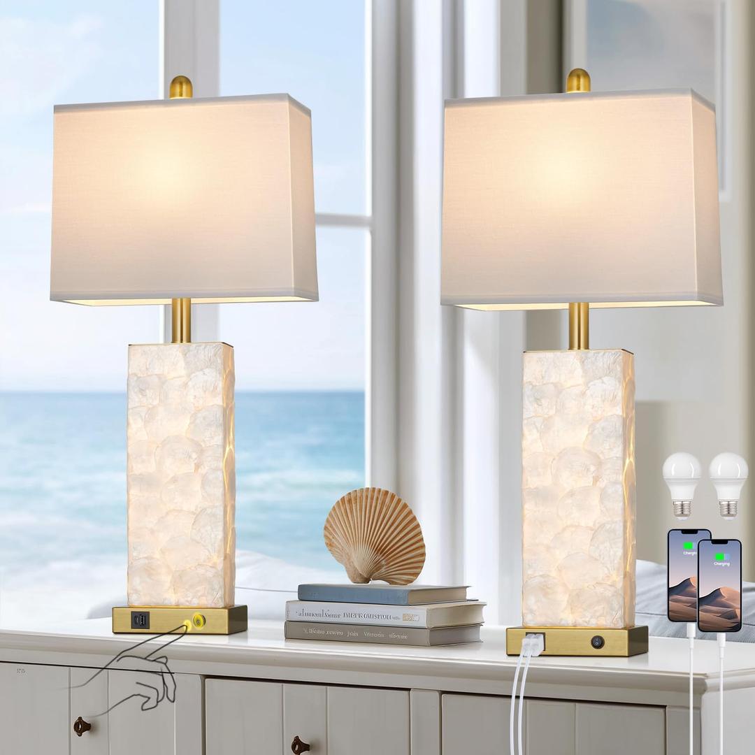 28" Coastal Table Lamps for Living Room Set of 2, Bedside Lamps with Night Light, USB A+C Ports, Modern Sea Shell Bedside Night Stands Light for Beachy Cottage Decor (Gold)