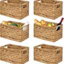 BARIEN Set of 6 Natural Water Hyacinth Woven Storage Baskets 12.6 x 8 x 7, Rectangular Wicker Basket with Built-in Handles, Medium (Natural - Set of 6)